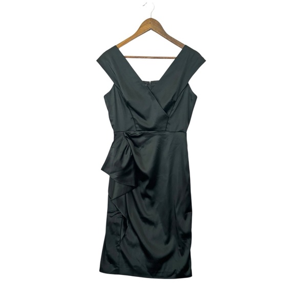 Maggie London Black Sheath Dress 8 Satin Ruffle Detail Cocktail Party Classic - Picture 5 of 5